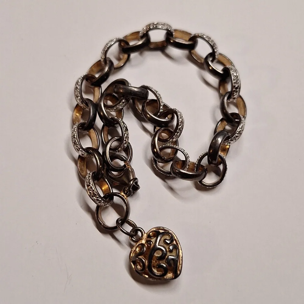 Prime Art & Jewel vintage chunky link bracelet heart charm 925 silver